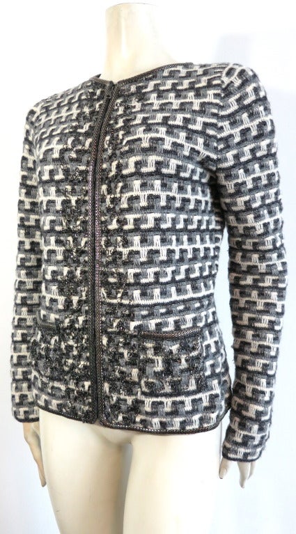 OSCAR DE LA RENTA Knit check jacket with metal chain embellishments 1