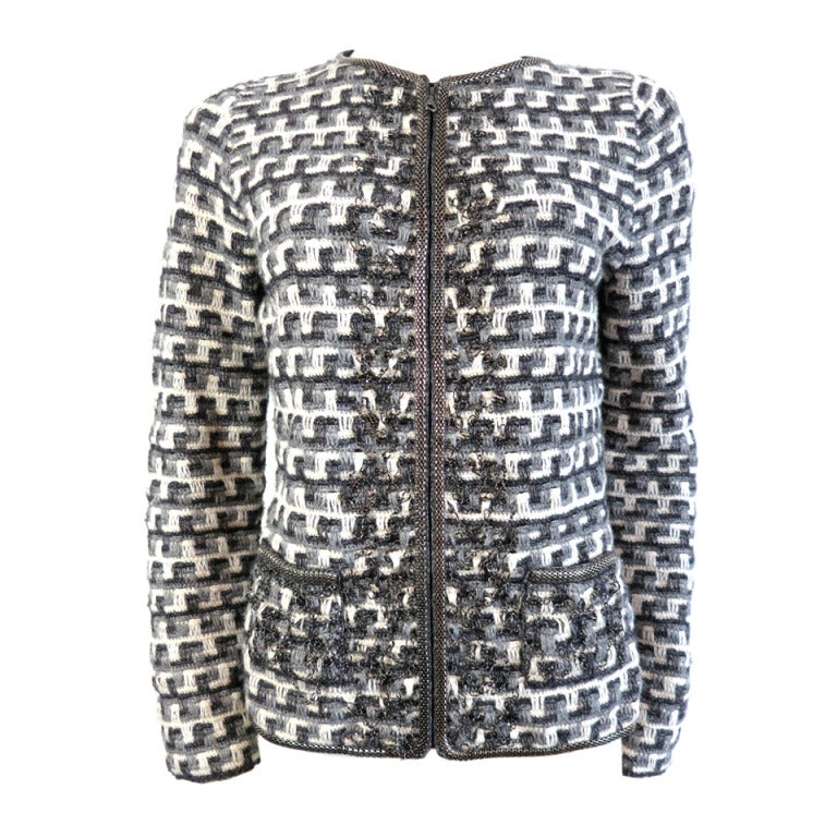 OSCAR DE LA RENTA Knit check jacket with metal chain embellishments