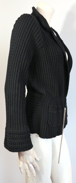 CHANEL Black sweater knit jacket with chain detail waist In Excellent Condition In Newport Beach, CA