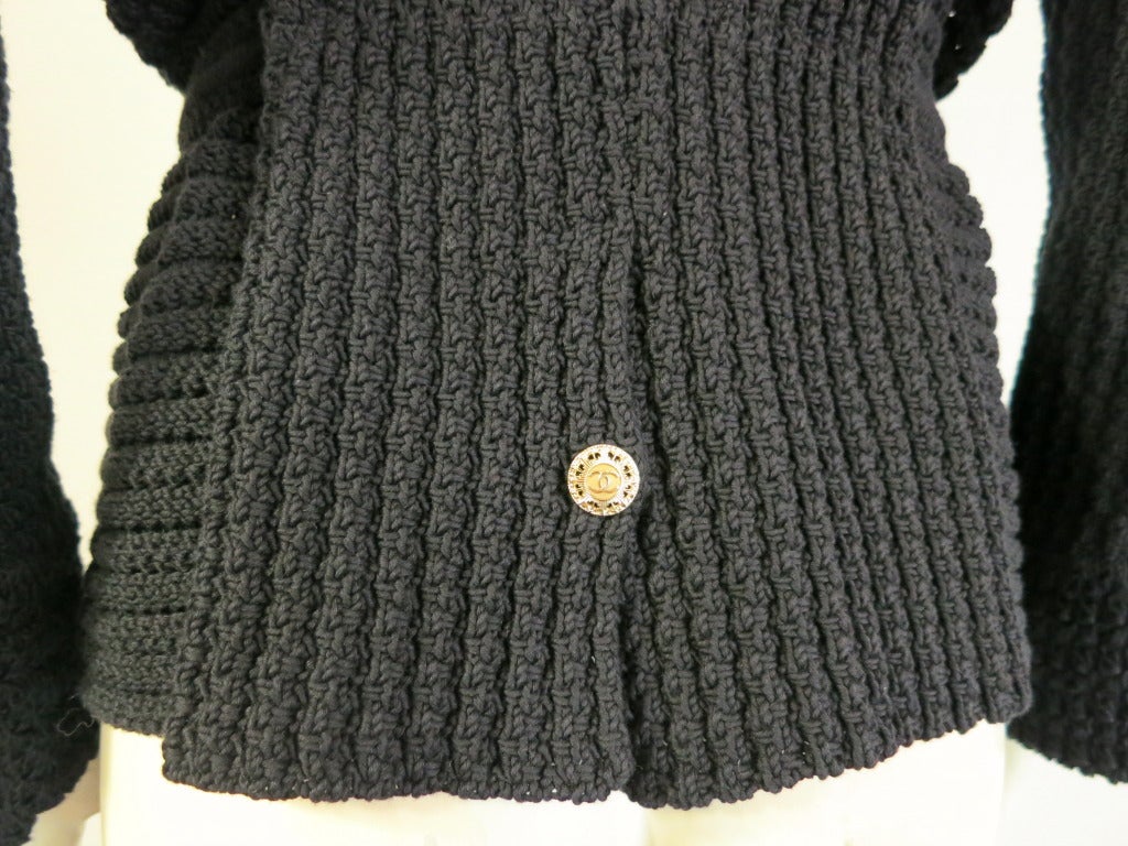 CHANEL Black sweater knit jacket with chain detail waist 1