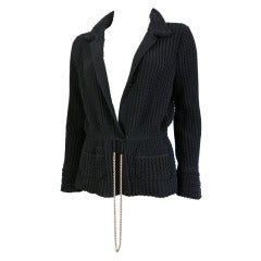CHANEL Black sweater knit jacket with chain detail waist