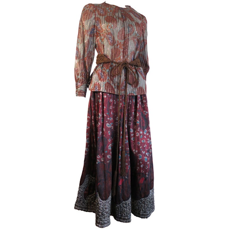Vintage OSCAR DE LA RENTA bohemian silk paisley top skirt belt For Sale
