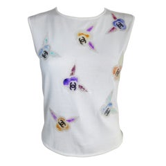 CHANEL PARIS Floral watercolor clear applique logo knit top