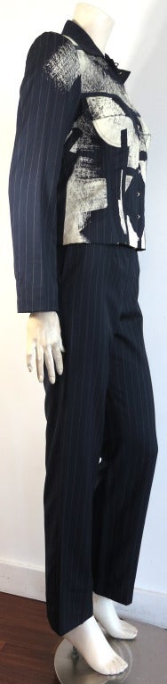 JOHN GALLIANO for CHRISTIAN DIOR articulated pinstripe suit with overprint In Excellent Condition For Sale In Newport Beach, CA