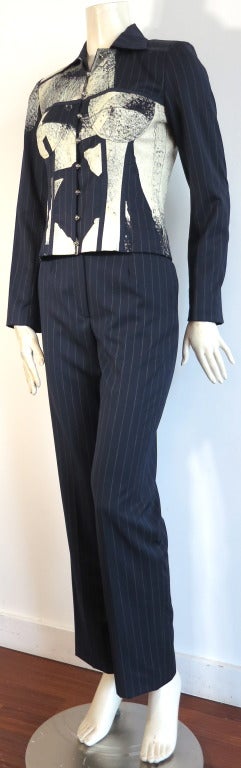 JOHN GALLIANO for CHRISTIAN DIOR articulated pinstripe suit with overprint For Sale 2