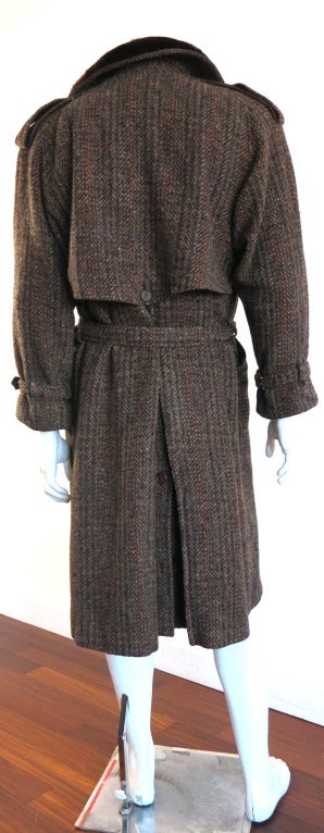 Vintage G. GUCCI 1970 Men's wool tweed leather fur collar trench coat 3
