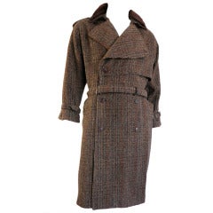 Vintage G. GUCCI 1970 Men's wool tweed leather fur collar trench coat