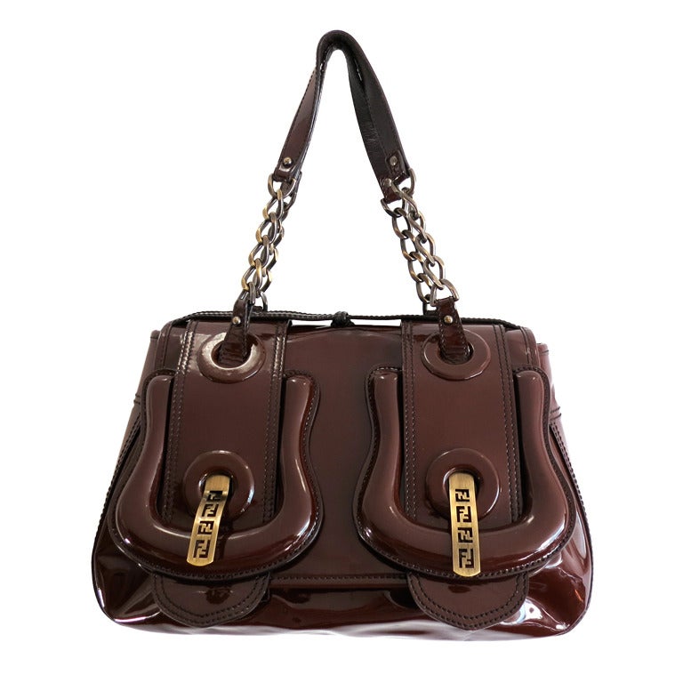 FENDI ITALY Dark brown patent leather B Buckle handbag purse at 1stdibs