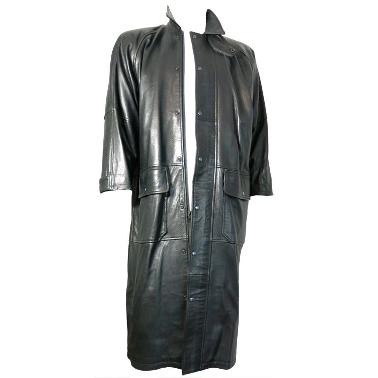 Vintage NORTH BEACH LEATHER 1980's Men's black leather trench coat