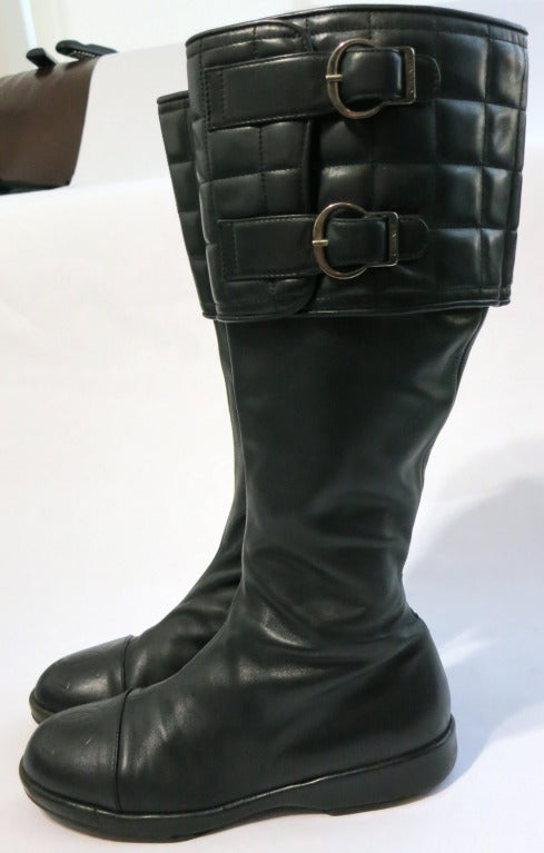 CHANEL PARIS 1990's Black leather motorcycle boots shoes In Good Condition In Newport Beach, CA