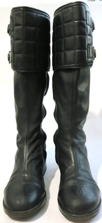 CHANEL PARIS 1990's Black leather motorcycle boots shoes at 1stDibs