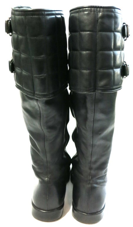 CHANEL PARIS 1990's Black leather motorcycle boots shoes 2