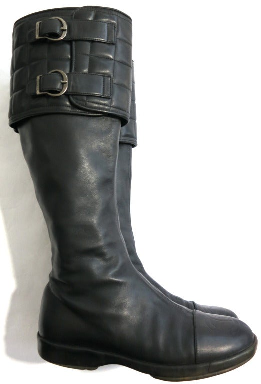 CHANEL PARIS 1990's Black leather motorcycle boots shoes 3