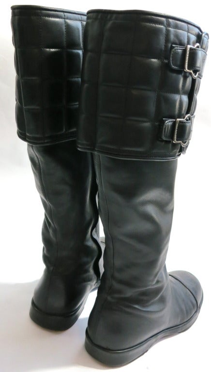 CHANEL PARIS 1990's Black leather motorcycle boots shoes 4
