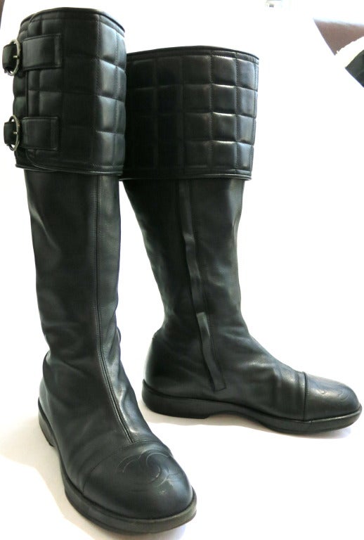 CHANEL PARIS 1990's Black leather motorcycle boots shoes 5
