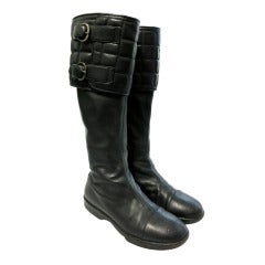 CHANEL PARIS 1990's Black leather motorcycle boots shoes