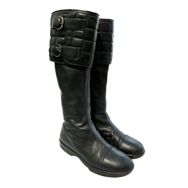 CHANEL PARIS 1990's Black leather motorcycle boots shoes at 1stDibs
