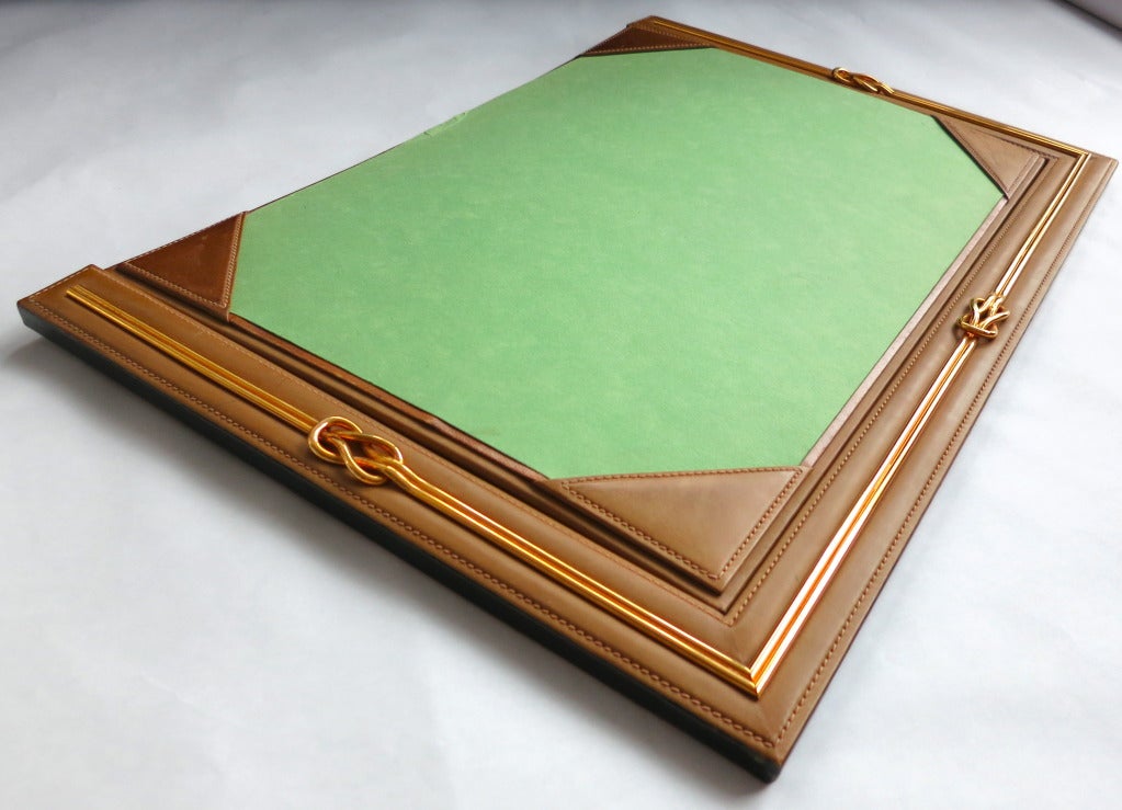Vintage GUCCI ITALY Saddle leather & polished brass desk blotter 1