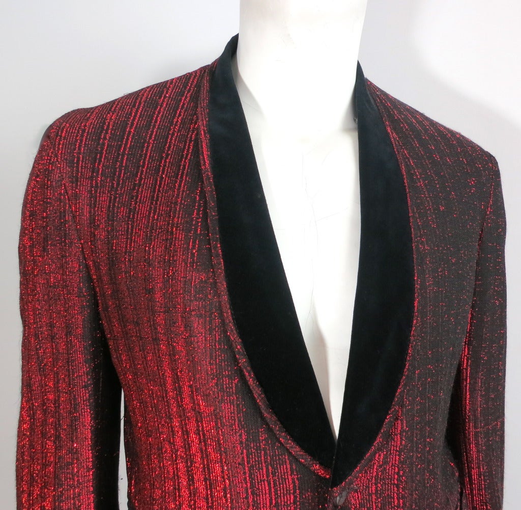 Vintage 1960's Rat Pack era metallic red & black velvet men's smoking jacket