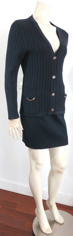 Vintage CELINE Navy blue polished gold chain detail cardigan & skirt set In Good Condition In Newport Beach, CA