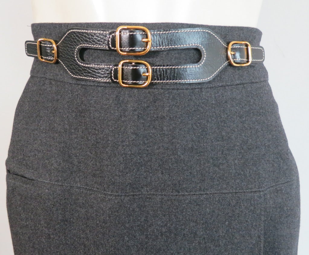 Black HERMES PARIS Leather buckle front equestrian style skirt