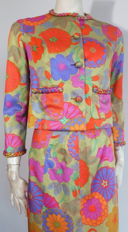 Early 1960's HANAE MORI Ginza Tokyo Silk floral skirt suit In Excellent Condition In Newport Beach, CA