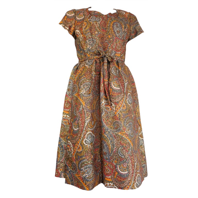 Vintage GEOFFREY BEENE 1960's Metallic brocade paisley dress For Sale