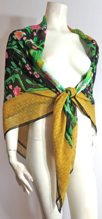 Vintage/Unused JEAN PATOU PARIS Oversized 100% Silk Chinese floral scarf wrap 1