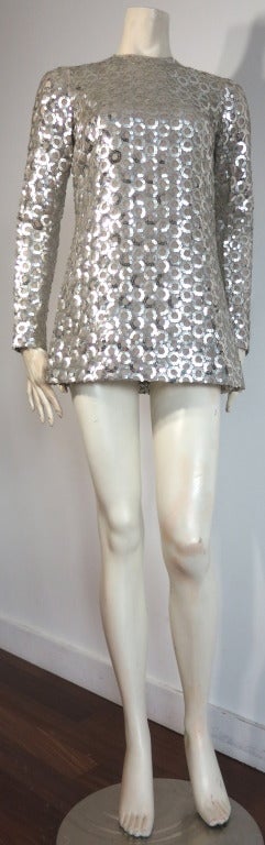 Vintage ADELE SIMPSON 1960's Metallic silver sequin rings micro-mini dress In Good Condition In Newport Beach, CA