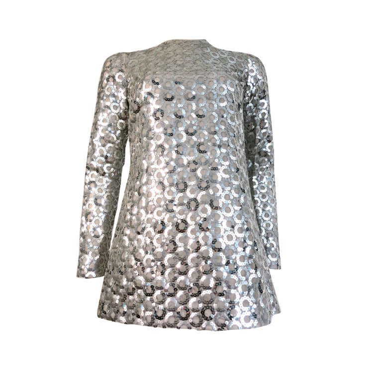 Vintage ADELE SIMPSON 1960's Metallic silver sequin rings micro-mini dress