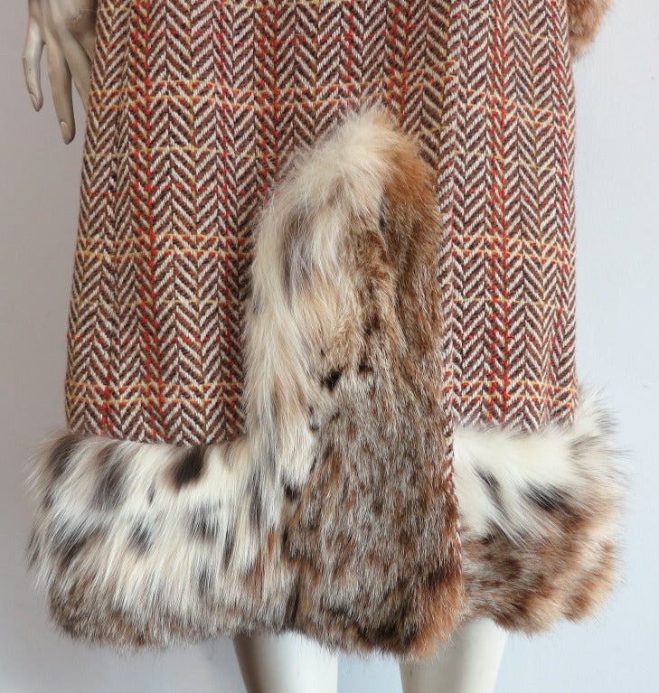 Women's Vintage CHRISTIAN DIOR Lynx fur trimmed wool tweed midi coat Harper's Bazzar August 1970
