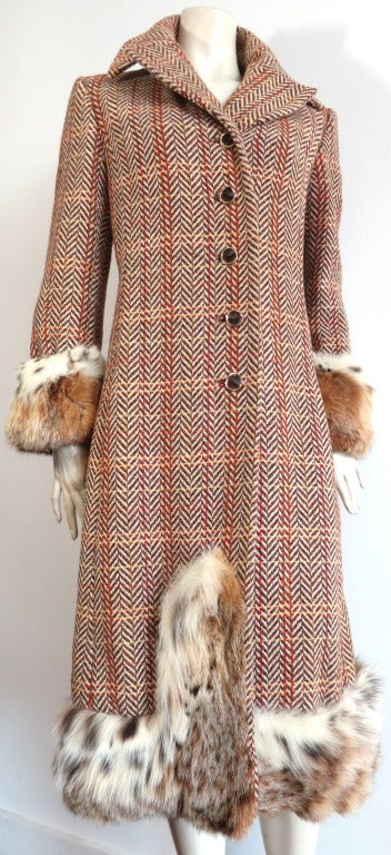 Vintage CHRISTIAN DIOR Lynx fur trimmed wool tweed midi coat Harper's Bazzar August 1970 1