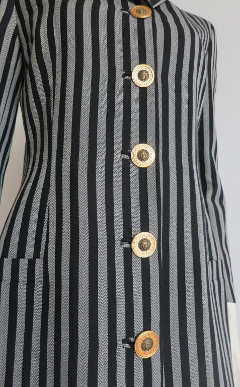 Vintage GIANNI VERSACE COUTURE Blazer dress with oversized Medusa metal buttons In Excellent Condition For Sale In Newport Beach, CA