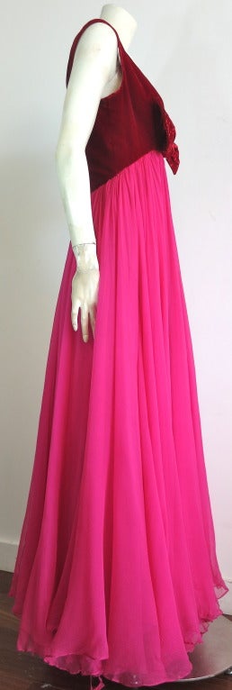 Pink Vintage SARMI Crimson velvet & magenta silk chiffon gown For Sale