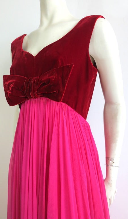 Vintage SARMI Crimson velvet & magenta silk chiffon gown For Sale 1