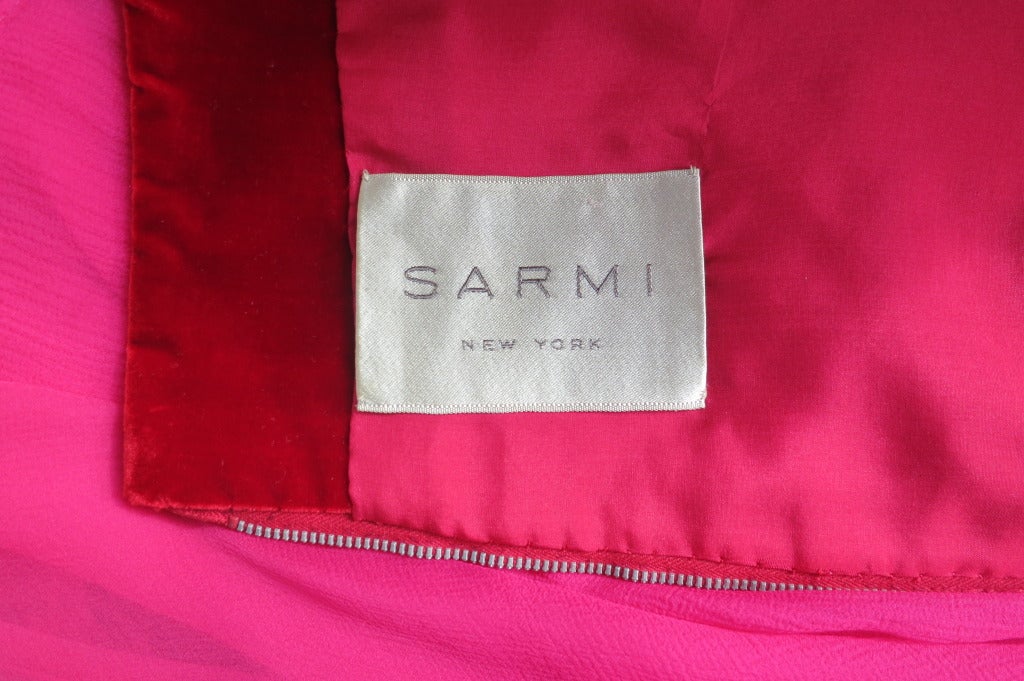 Vintage SARMI Crimson velvet & magenta silk chiffon gown For Sale 3