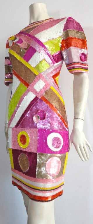 Beige Vintage SAKS FIFTH AVE. Sequin & beaded geometric cocktail dress For Sale