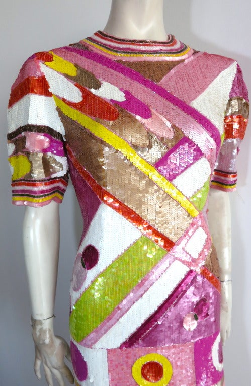 Vintage SAKS FIFTH AVE. Sequin & beaded geometric cocktail dress For Sale 1