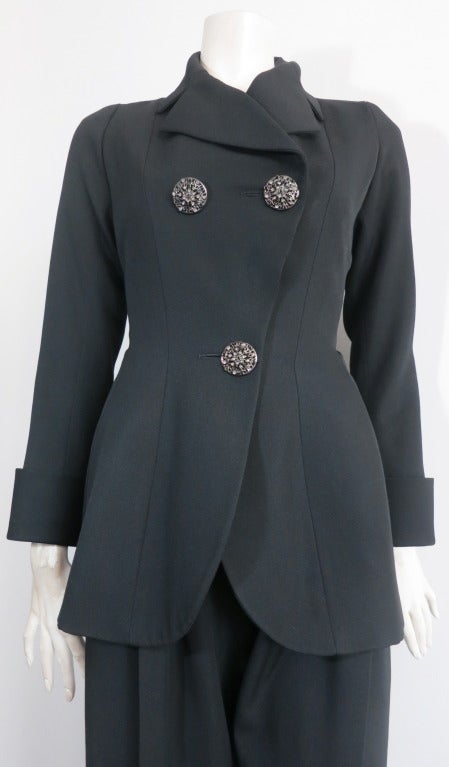 YVES SAINT LAURENT Black suit with crystal detail buttons In Excellent Condition In Newport Beach, CA