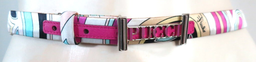 EMILIO PUCCI Signature printed silk & leather belt In Excellent Condition For Sale In Newport Beach, CA