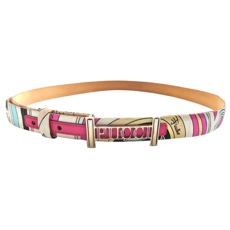 EMILIO PUCCI Signature printed silk & leather belt For Sale