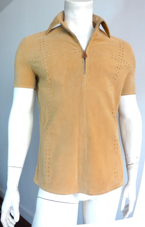 HERMES PARIS Men's 100% Reindeer skin suede top shirt with 'H' layout perforation detail at front and back panel.

Ultra-luxurious shirt entirely made of exceptionally soft reindeer skin suede.  The plush suede face is on the outer face, and the