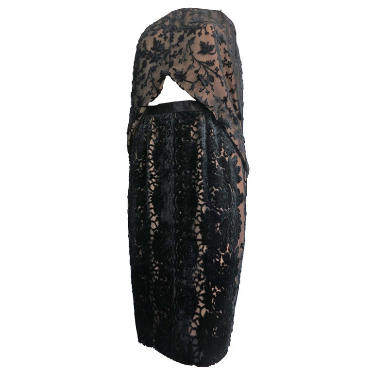 Vintage HOLLY'S HARP Black cut velvet 2 piece skirt & top set For Sale