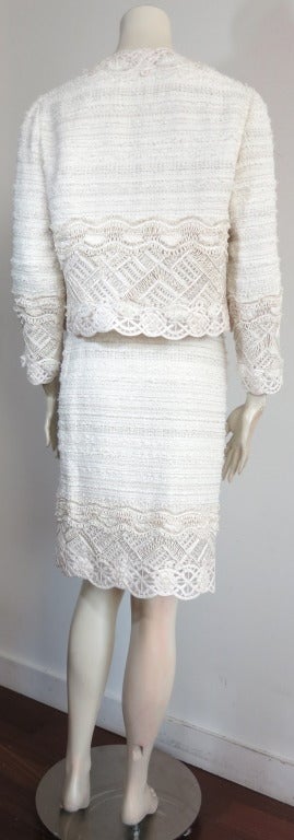 OSCAR DE LA RENTA Ivory silk & metallic platinum skirt suit 2