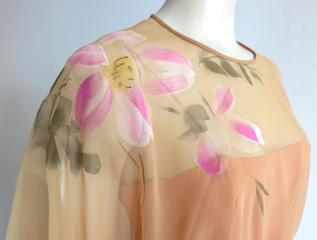 Orange Vintage MALCOLM STARR Hand-painted silk floral caftan dress For Sale