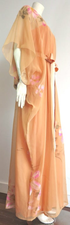 Vintage MALCOLM STARR Hand-painted silk floral caftan dress In Excellent Condition For Sale In Newport Beach, CA
