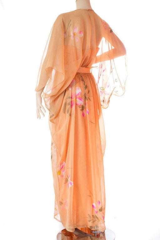 Women's Vintage MALCOLM STARR Hand-painted silk floral caftan dress For Sale