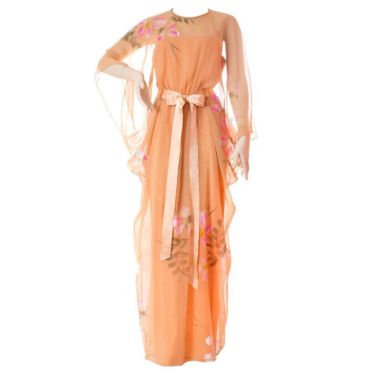 Vintage MALCOLM STARR Hand-painted silk floral caftan dress For Sale