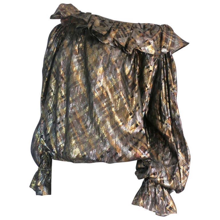 1970's YVES SAINT LAURENT Metallic silk peasant blouse YSL
