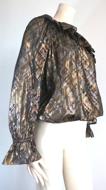 1970's YVES SAINT LAURENT Metallic silk peasant blouse YSL In Excellent Condition In Newport Beach, CA